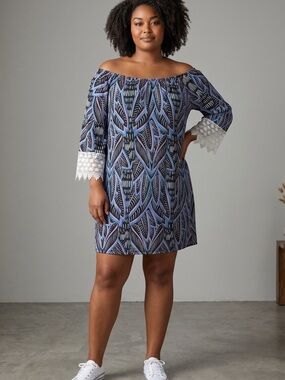 west loop Off-Shoulder Blue Patterned Dress with White Lace Cuffs